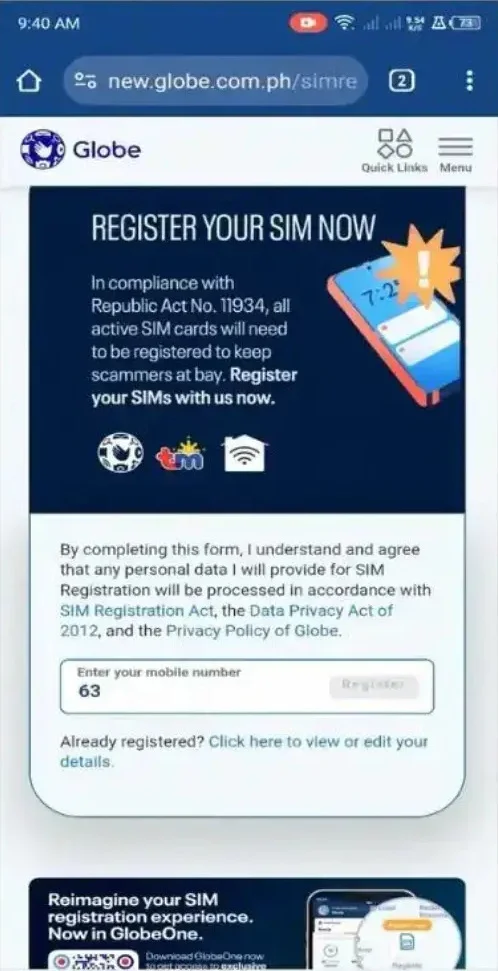 Globe-SIM-Registration-Step-2
